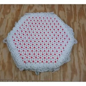 Lot Of 4 VTG Handmade Star Placemats Crochet Yarn White With Red Stars Table Mat